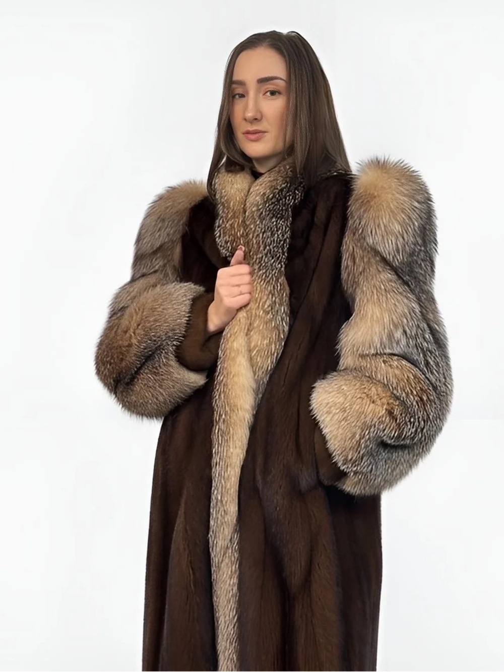 Luxurious Vintage Mahogany Full-Length Mink Fur Coat with Crystal Fox Trim - Picture 5 of 6